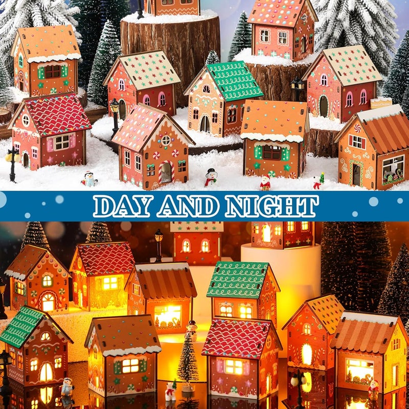 Lunmon 29 Pcs DIY Christmas Village Sets 12 Pcs Wood Village Houses Xmas Scene Figurines Decoration Mini Tree Desktop Ornament for Indoor Room Landscape Xmas Holiday Party Decor(Cute Style) - Image 5
